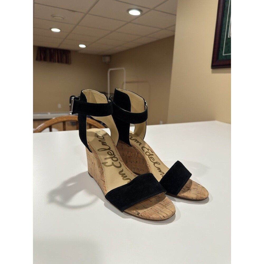 Sam Edelman Willow Leather Suede Black Open Toe Ankle Strap Wedge Shoes Size 7